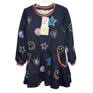 Truly Me Girls Long Sleeve Navy Smiley Face Hearts Stars Dress Size 5 New